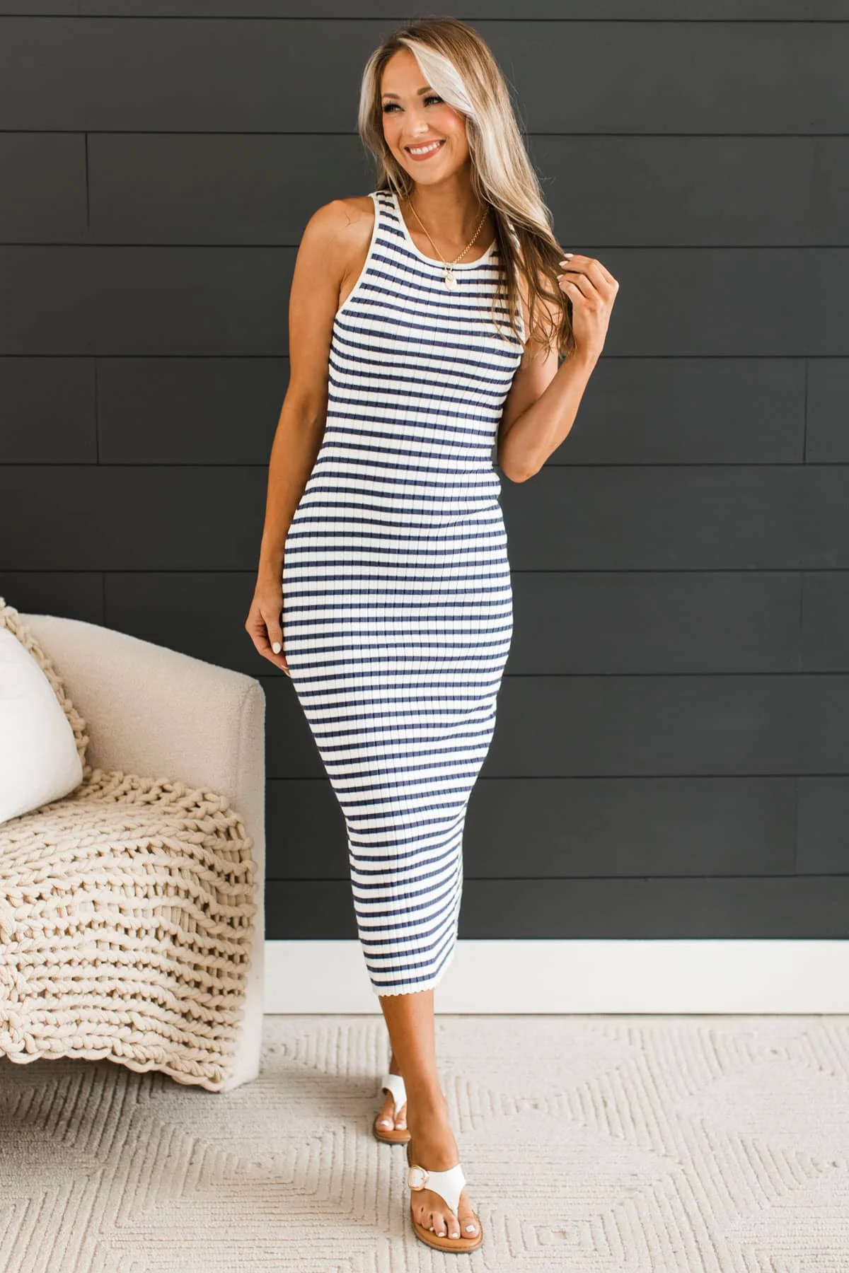 Happy Heart Vibes Striped Midi Dress- Navy