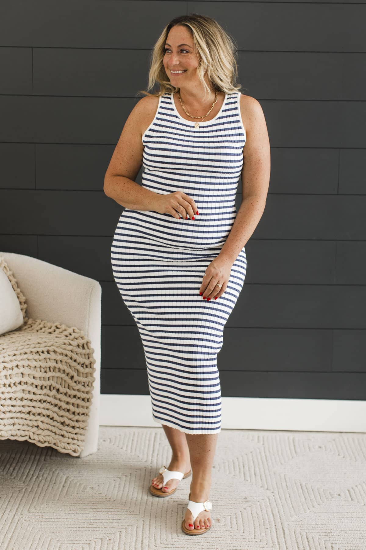 Happy Heart Vibes Striped Midi Dress- Navy - Image 4