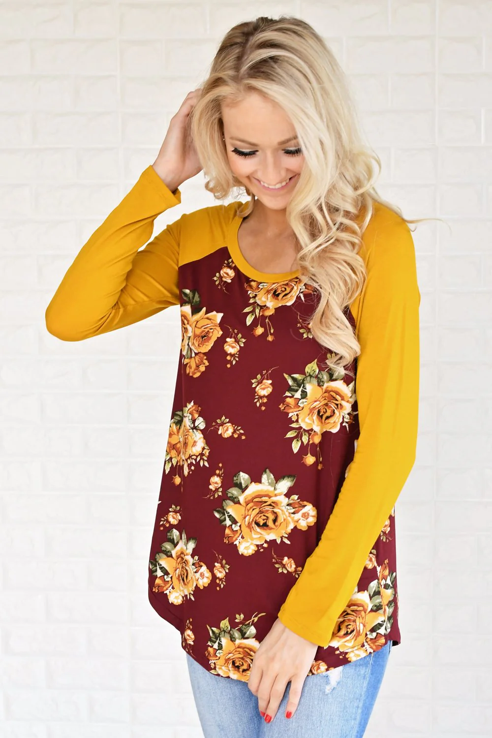 Happy in Floral Baseball Tee ~ Burgundy & Mustard
