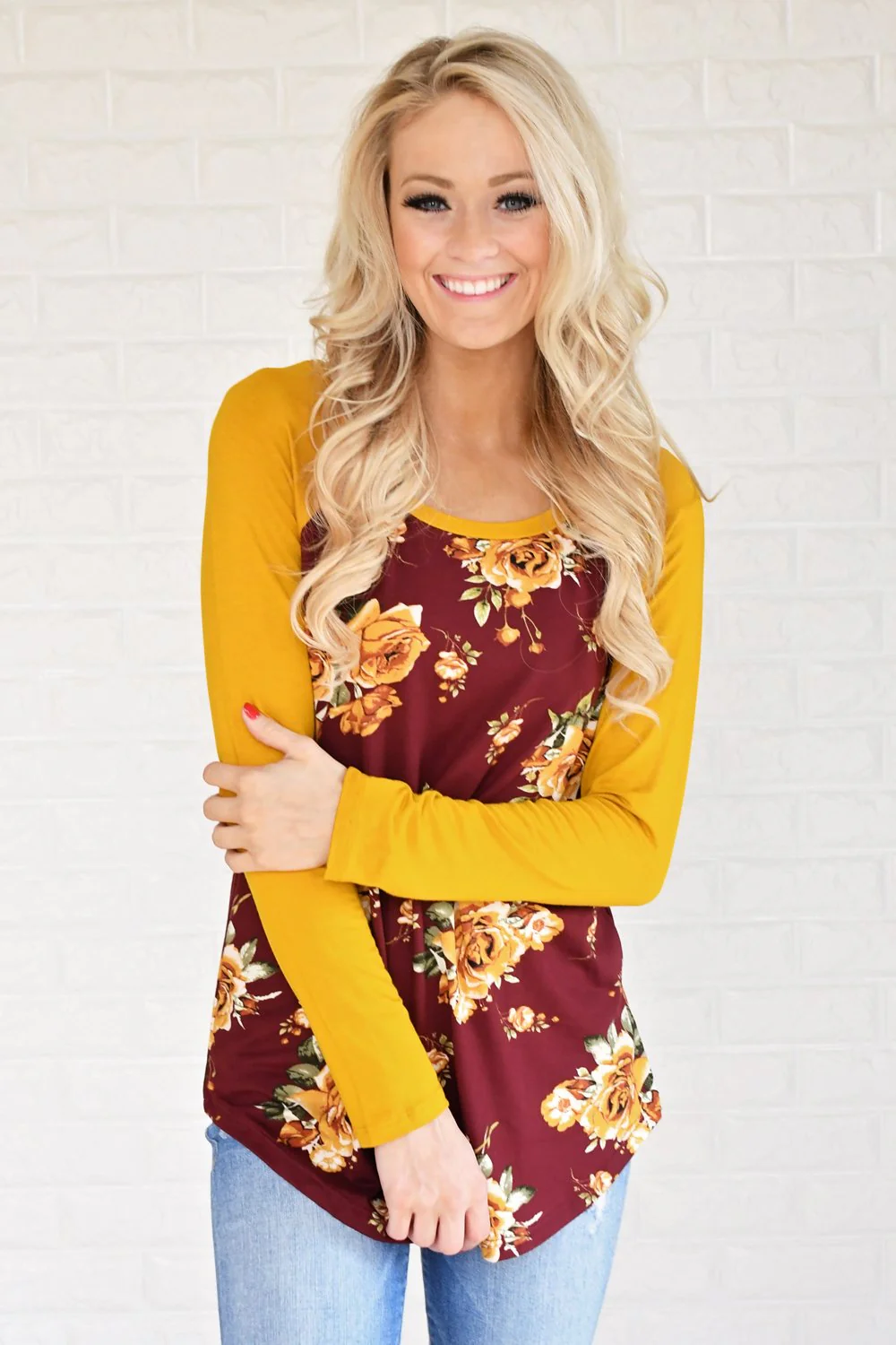 Happy in Floral Baseball Tee ~ Burgundy & Mustard - Image 2