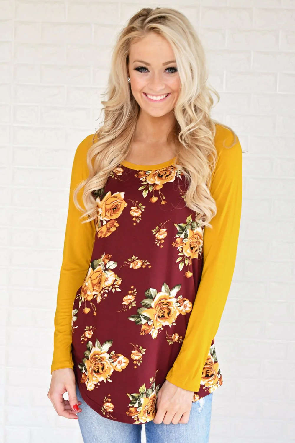 Happy in Floral Baseball Tee ~ Burgundy & Mustard - Image 3