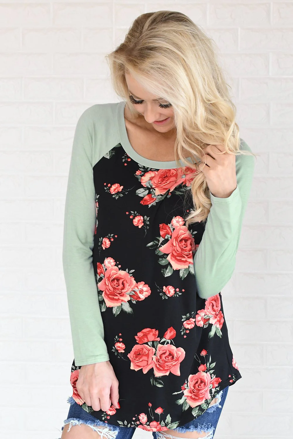Happy in Floral Baseball Tee ~ Mint - Image 2