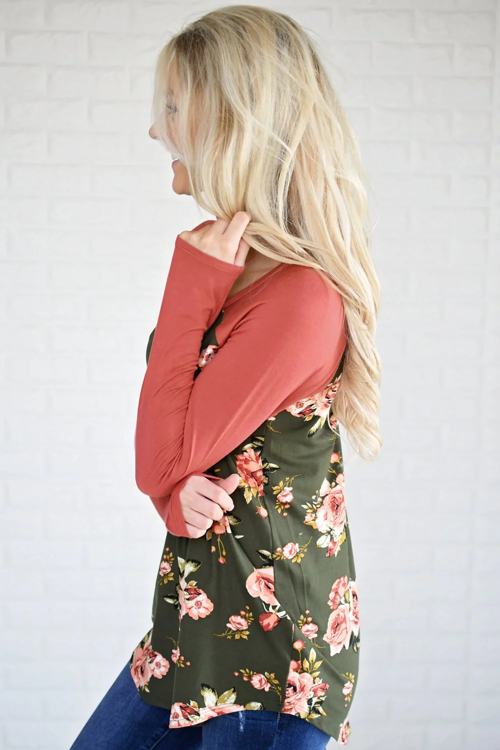 Happy in Floral Baseball Tee ~ Salmon & Olive - Image 5