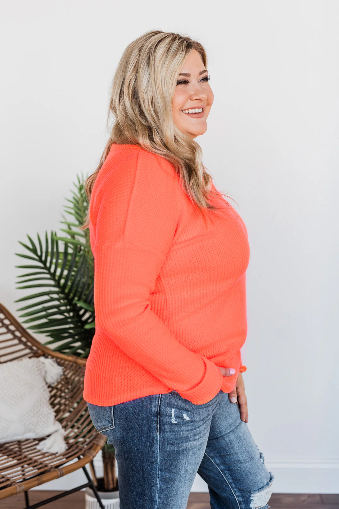 Happy Spring Waffle Knit Button Top- Neon Coral - Image 5