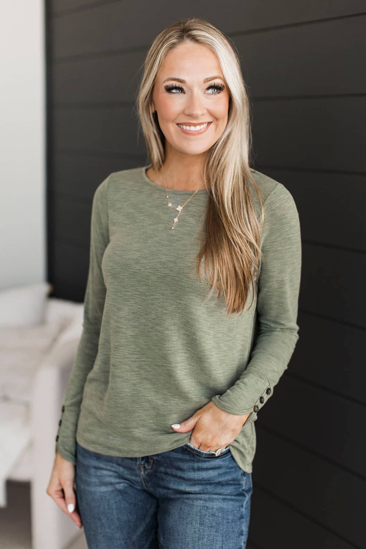 Happy Times Long Sleeve Heathered Top- Light Olive