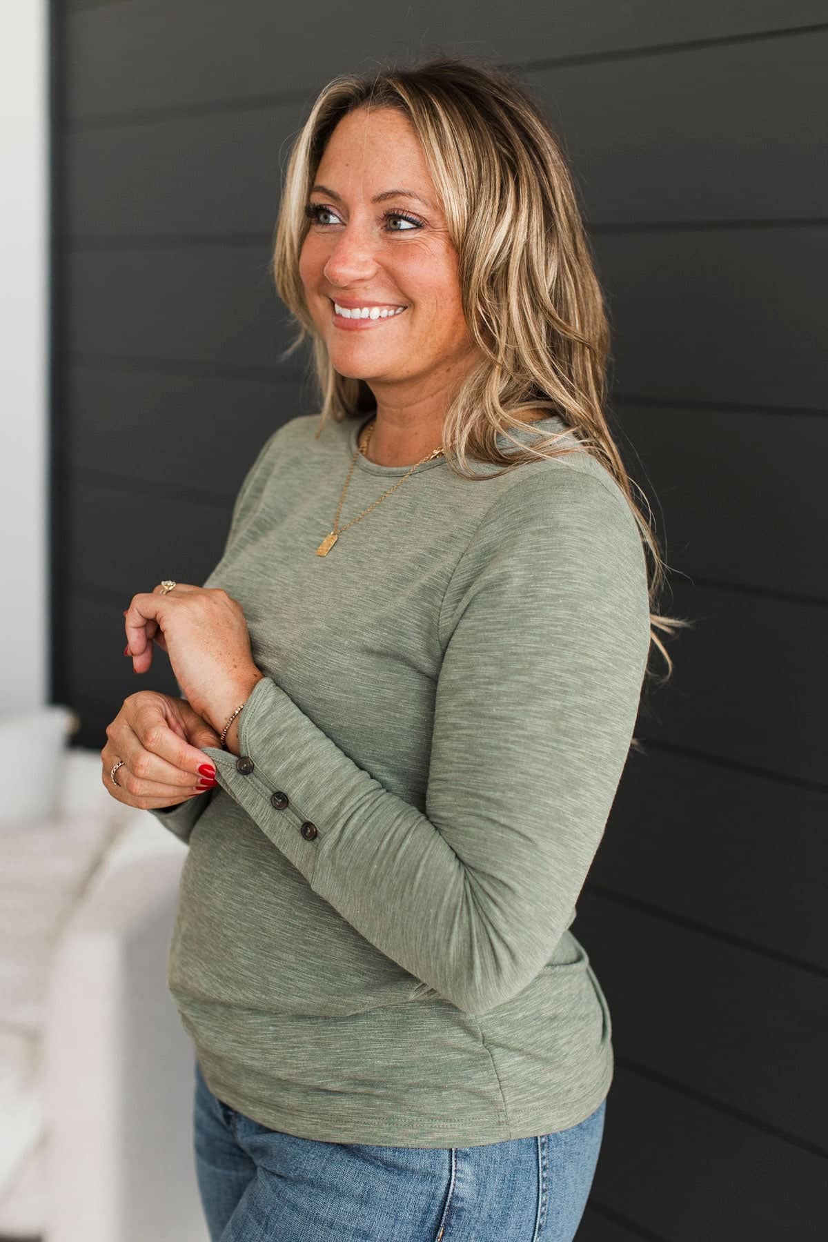 Happy Times Long Sleeve Heathered Top- Light Olive - Image 2