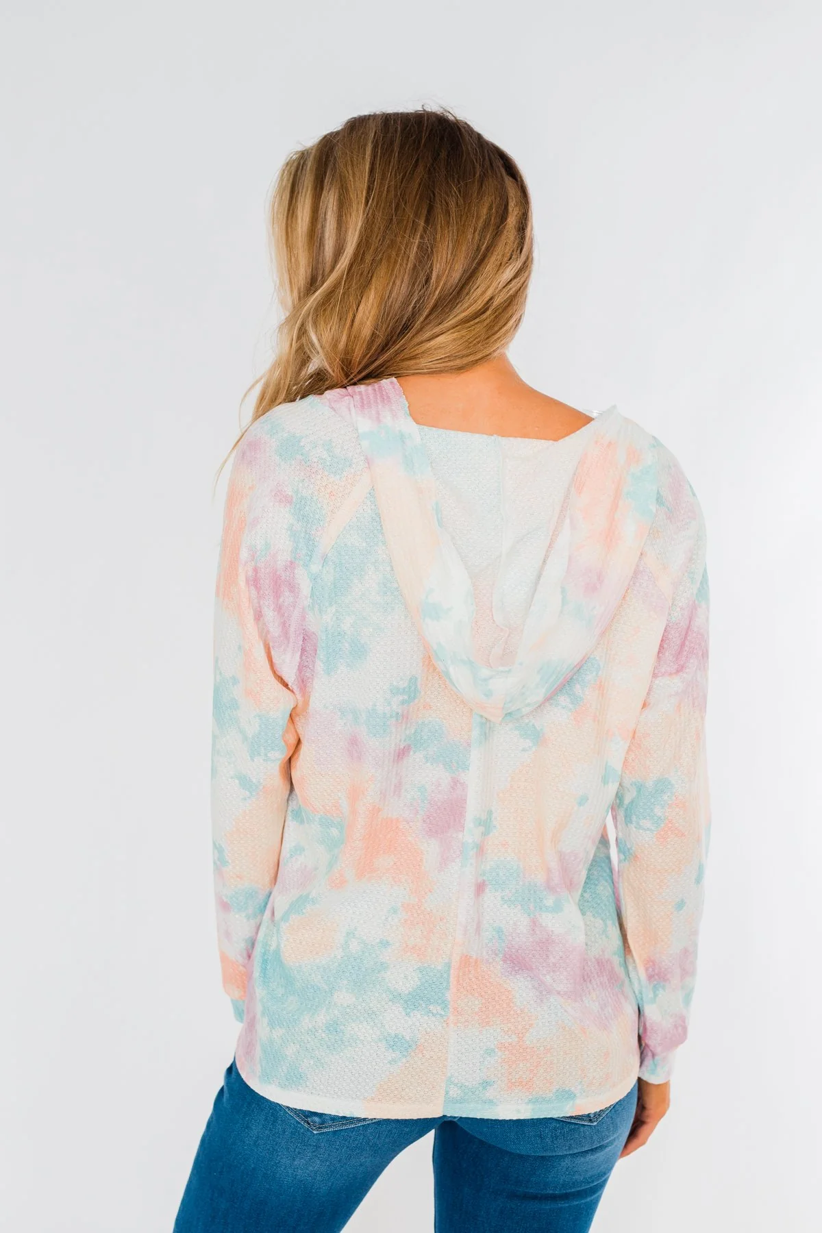 Happy To Be Here Tie Dye Hoodie- Orchid Purple, Teal, Peach, & Ivory - Image 7
