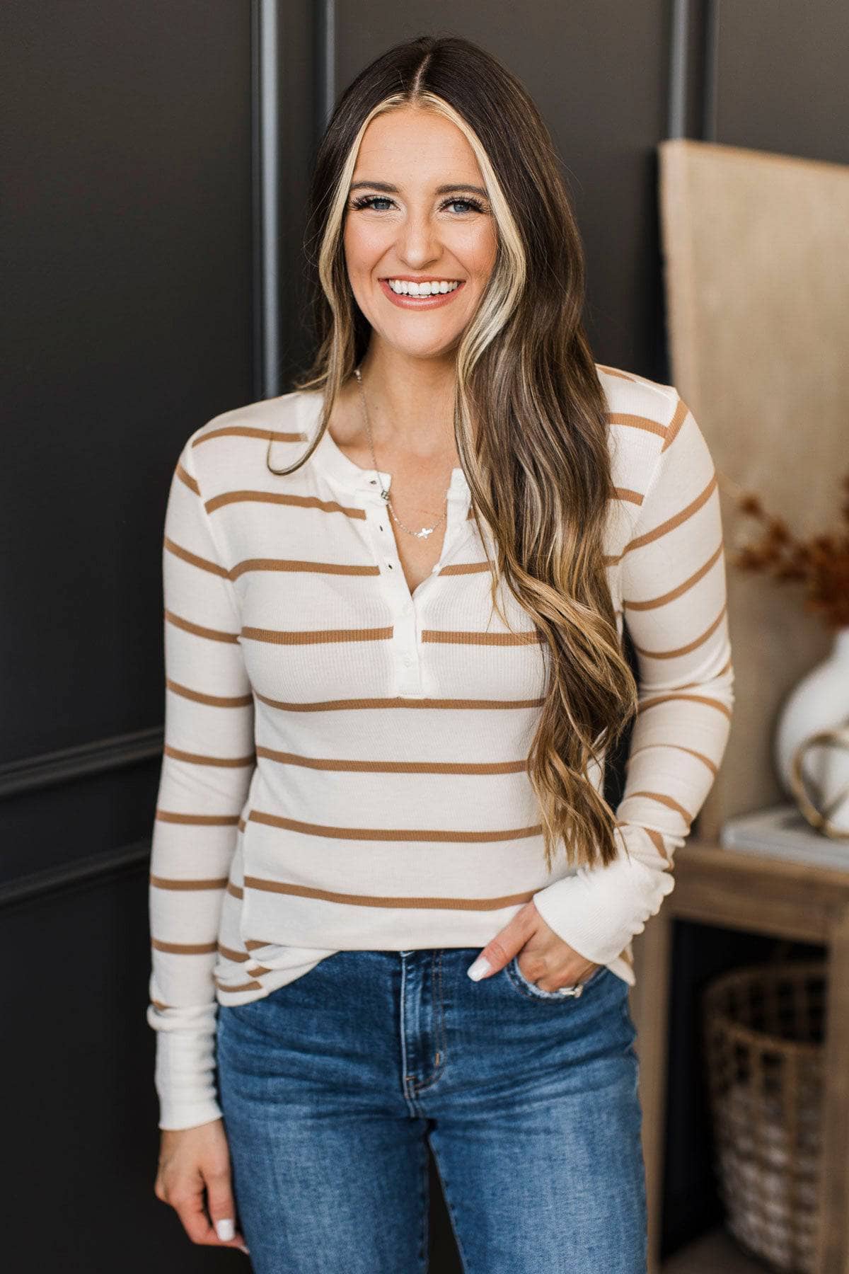 Hard To Impress Long Sleeve Henley Top- Ivory & Caramel - Image 2