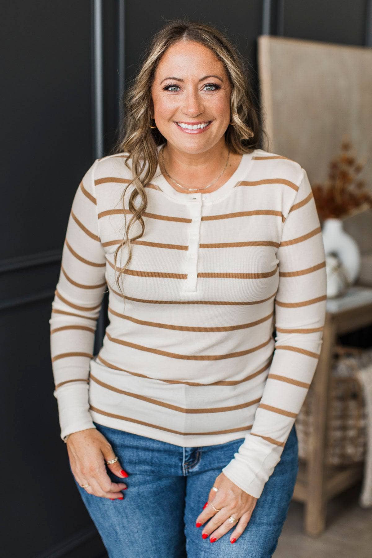 Hard To Impress Long Sleeve Henley Top- Ivory & Caramel - Image 3