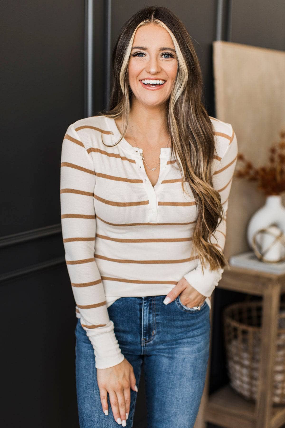 Hard To Impress Long Sleeve Henley Top- Ivory & Caramel - Image 4