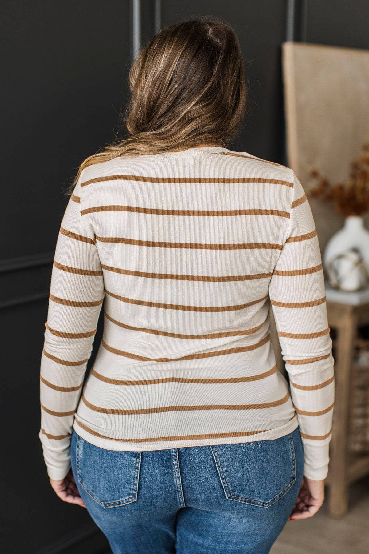 Hard To Impress Long Sleeve Henley Top- Ivory & Caramel - Image 7