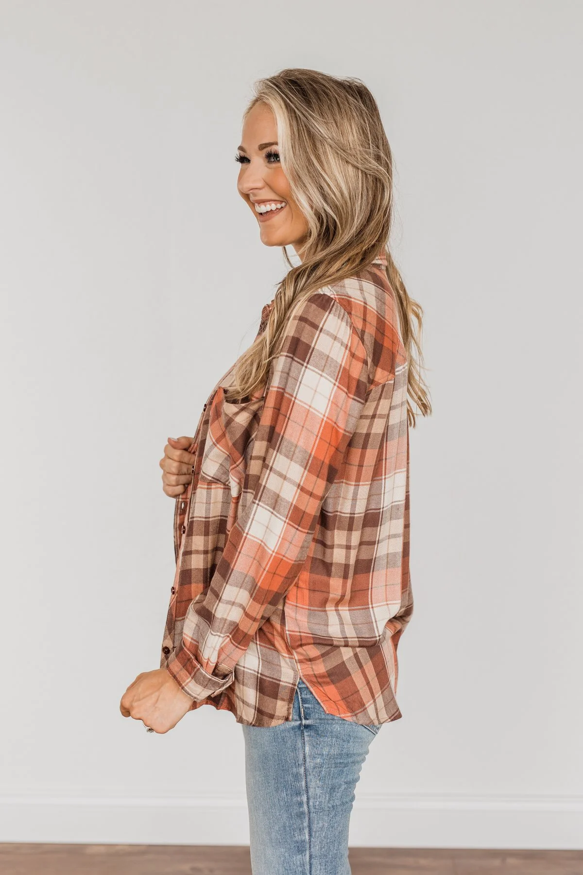 Harvest Delight Plaid Button Top- Burnt Orange & Taupe - Image 10
