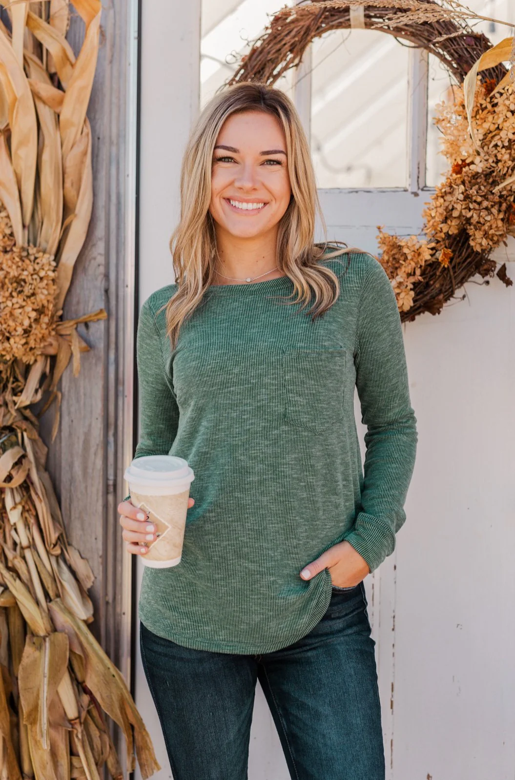 Harvest Happenings Knit Pocket Top- Forest Green - Image 5
