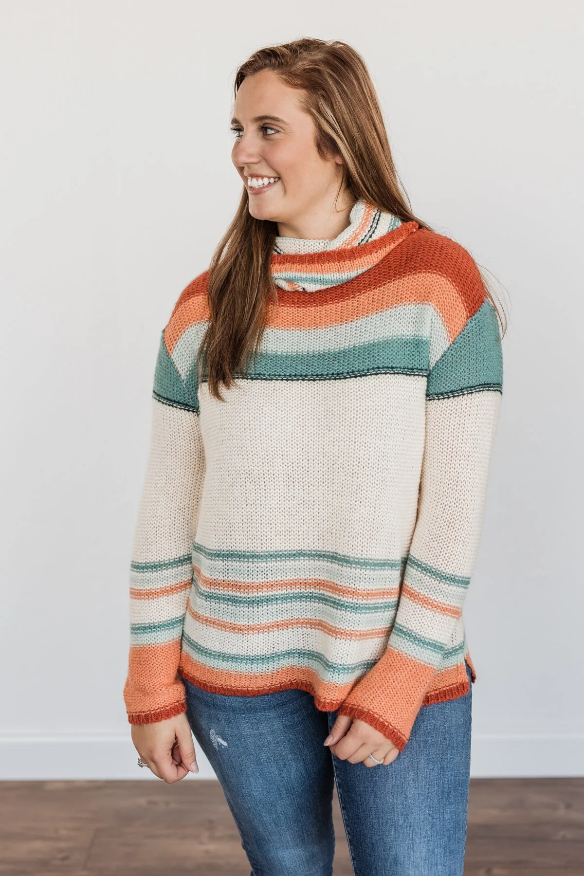 Harvest Happiness Cowl Neck Sweater- Cream, Rust & Dusty Teal - Image 10