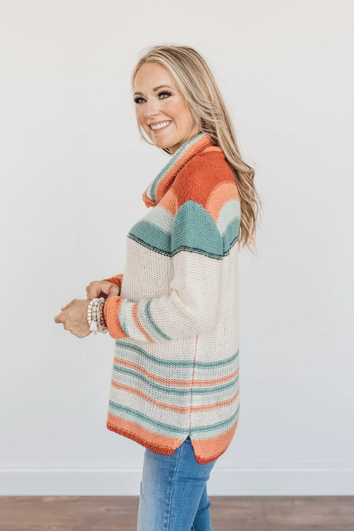 Harvest Happiness Cowl Neck Sweater- Cream, Rust & Dusty Teal - Image 12