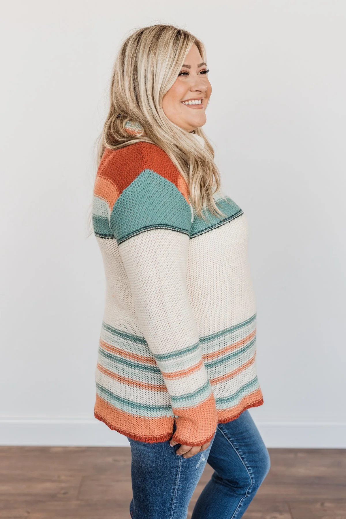 Harvest Happiness Cowl Neck Sweater- Cream, Rust & Dusty Teal - Image 13