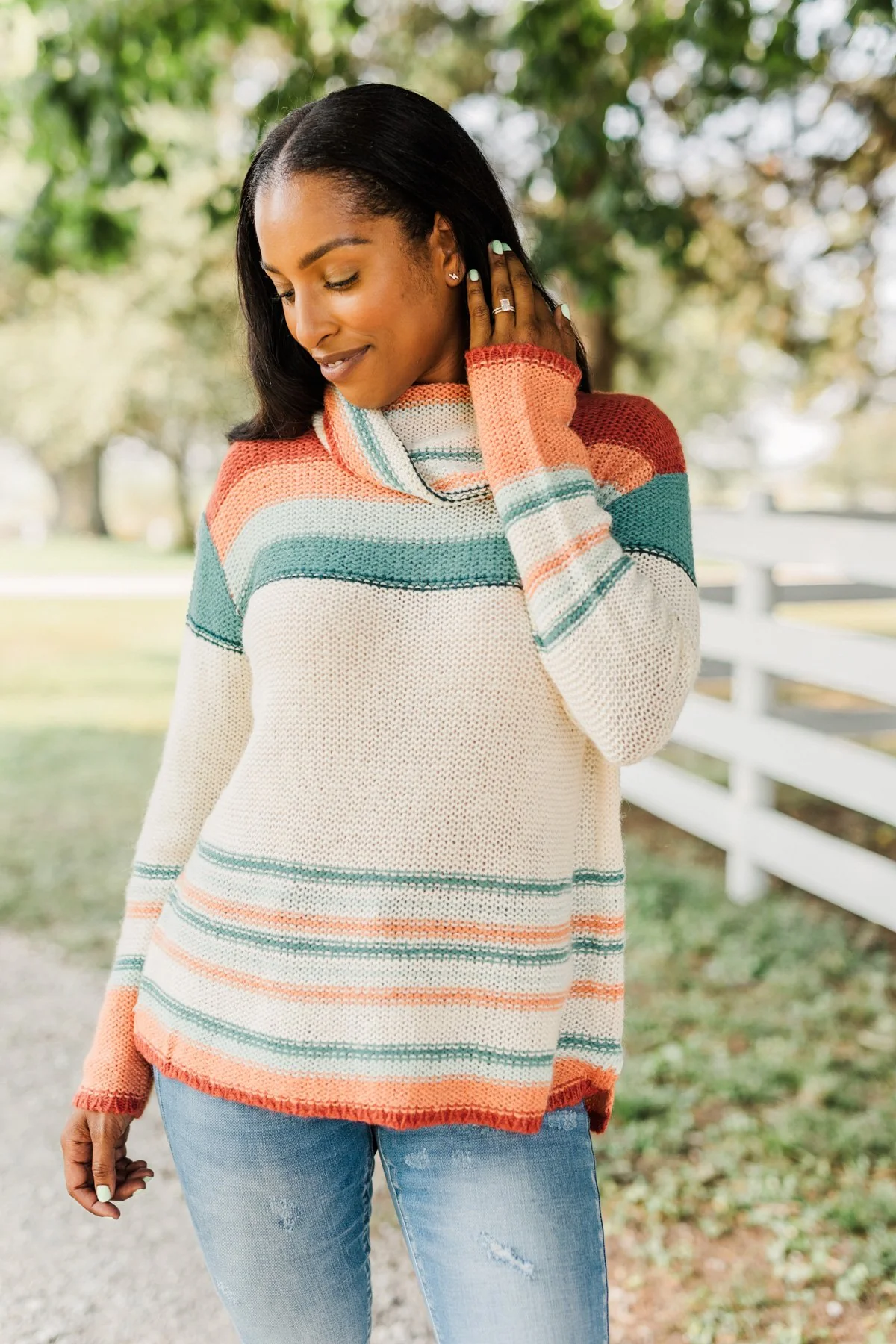 Harvest Happiness Cowl Neck Sweater- Cream, Rust & Dusty Teal - Image 5