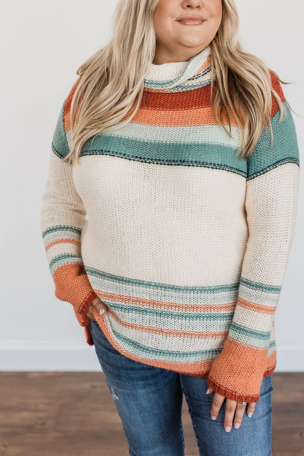 Harvest Happiness Cowl Neck Sweater- Cream, Rust & Dusty Teal - Image 6