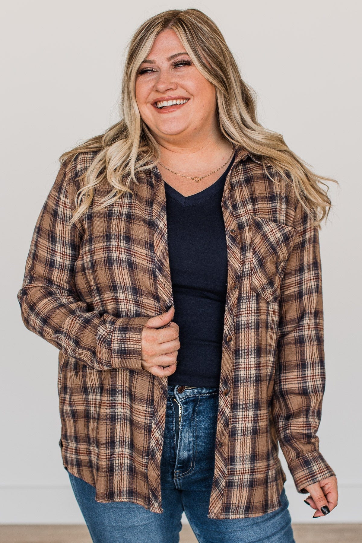Harvest Season Plaid Button Top- Brown & Navy - Image 2