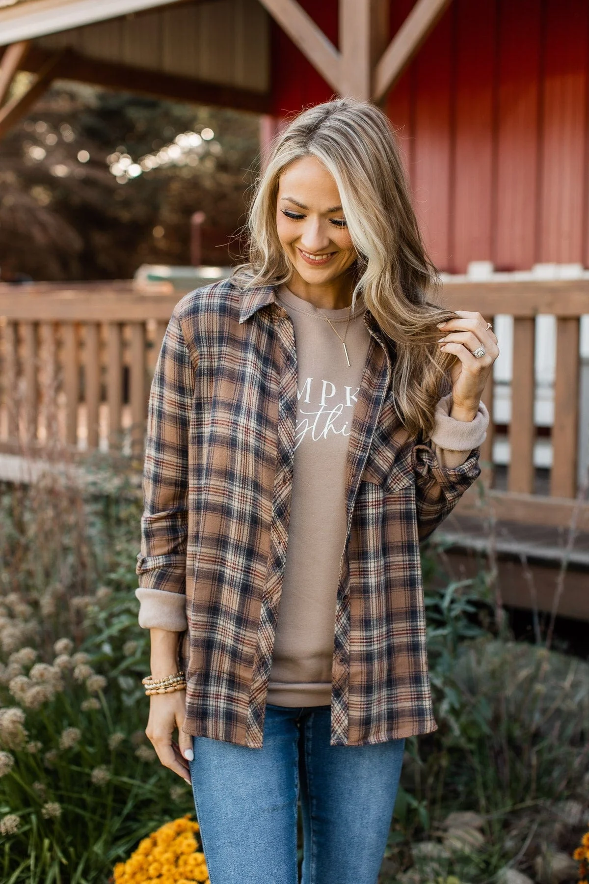 Harvest Season Plaid Button Top- Brown & Navy - Image 3