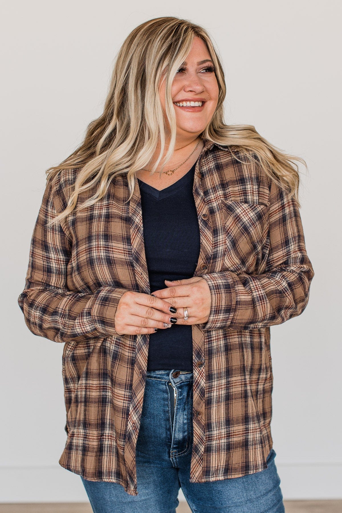 Harvest Season Plaid Button Top- Brown & Navy - Image 4