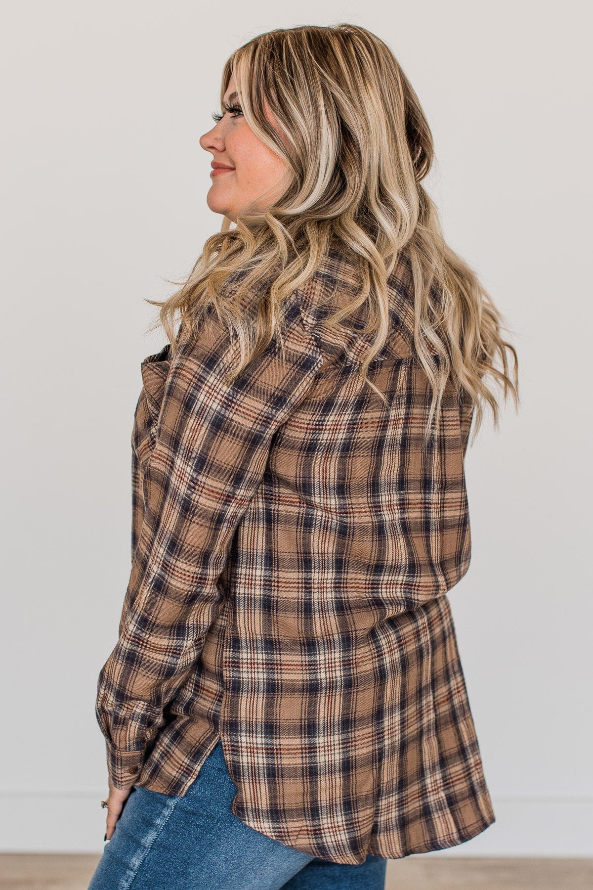 Harvest Season Plaid Button Top- Brown & Navy - Image 7
