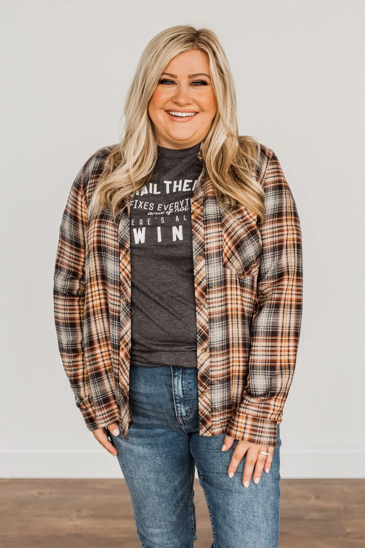 Harvest Wishes Button Down Plaid Top- Navy, Rust, & Oatmeal - Image 3