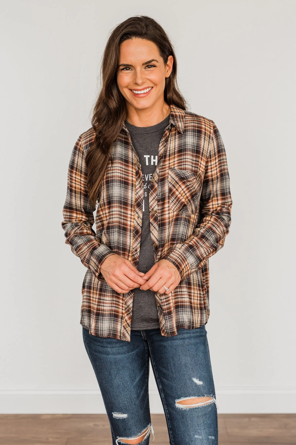 Harvest Wishes Button Down Plaid Top- Navy, Rust, & Oatmeal - Image 6