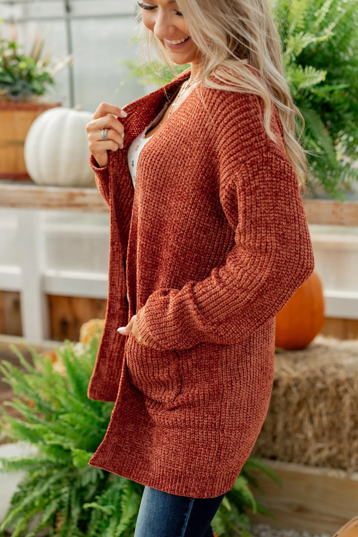 Have My Heart Velvet Chenille Cardigan- Rust