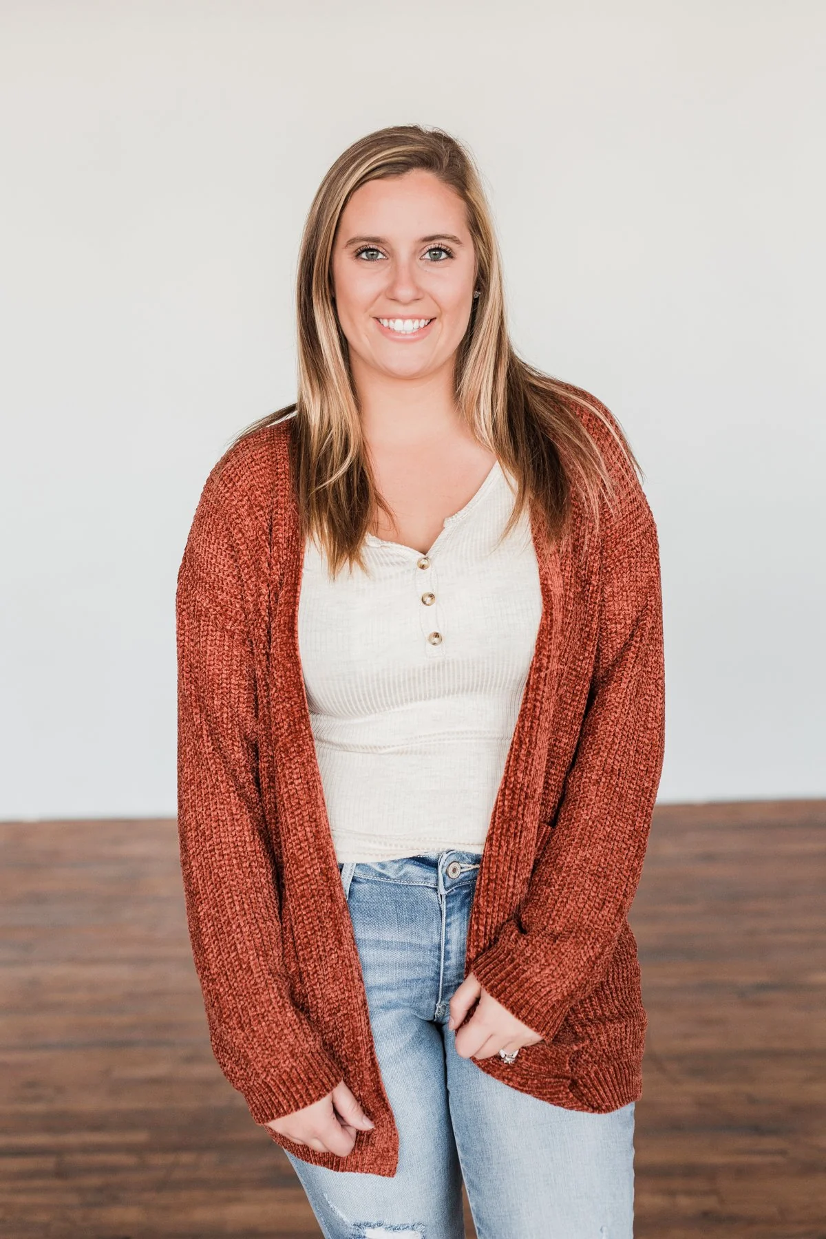 Have My Heart Velvet Chenille Cardigan- Rust - Image 7