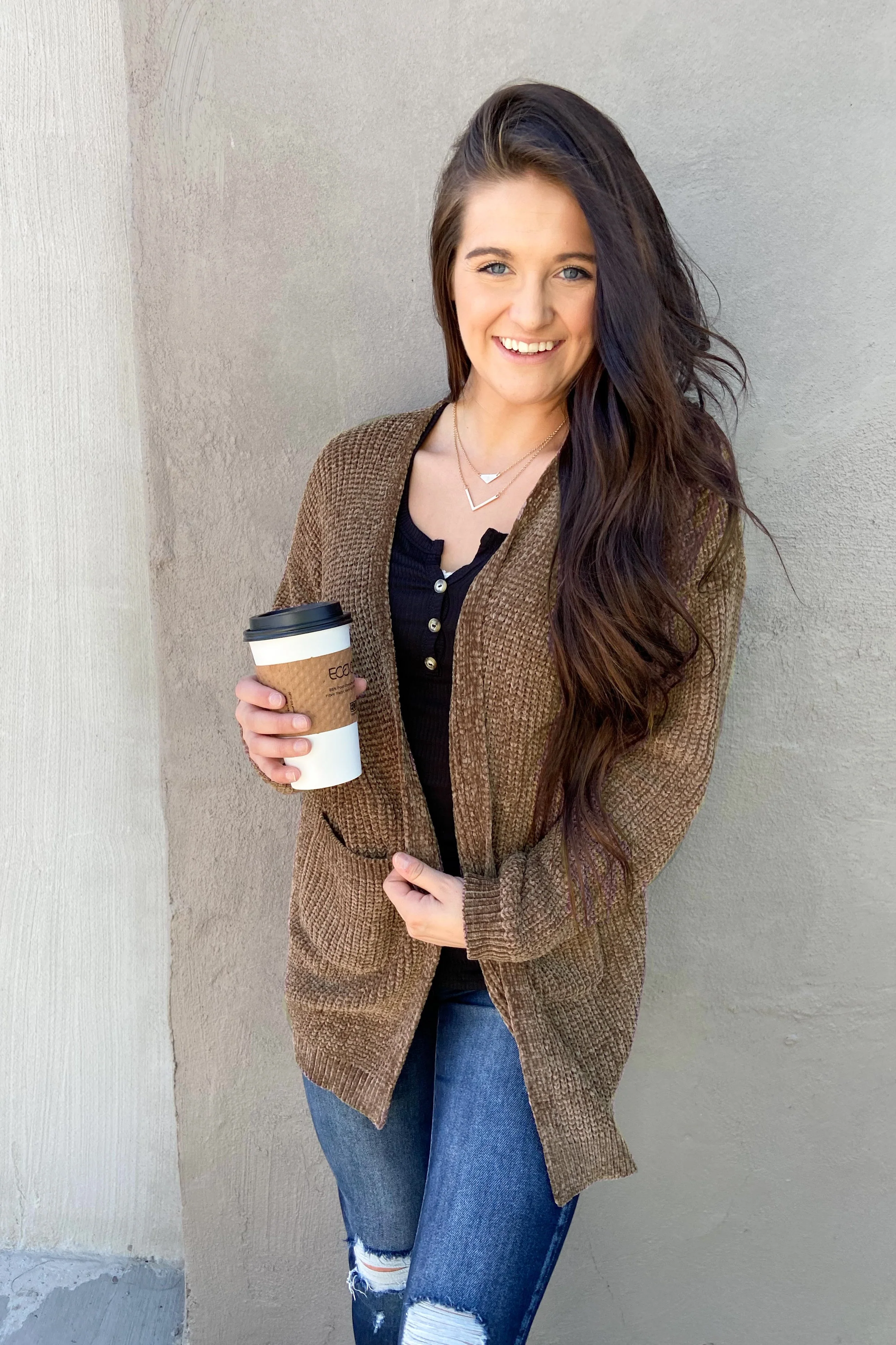 Have My Heart Velvet Chenille Cardigan- Mocha - Image 3