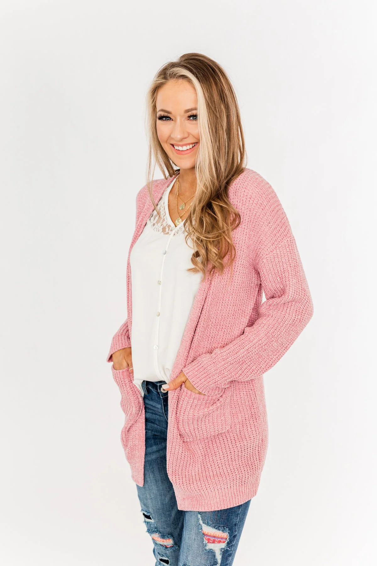 Have My Heart Velvet Chenille Cardigan- Pink - Image 10