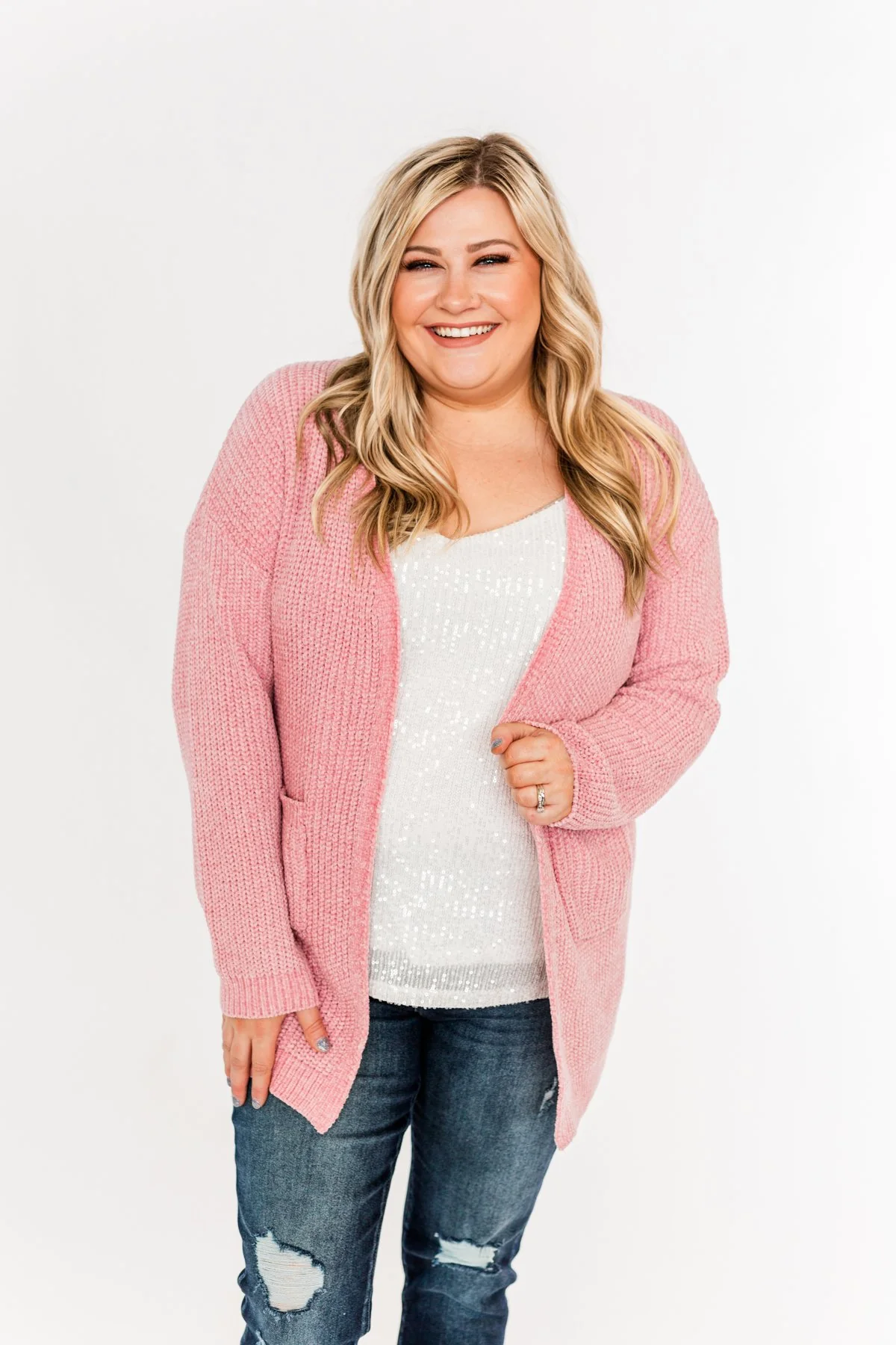 Have My Heart Velvet Chenille Cardigan- Pink - Image 3