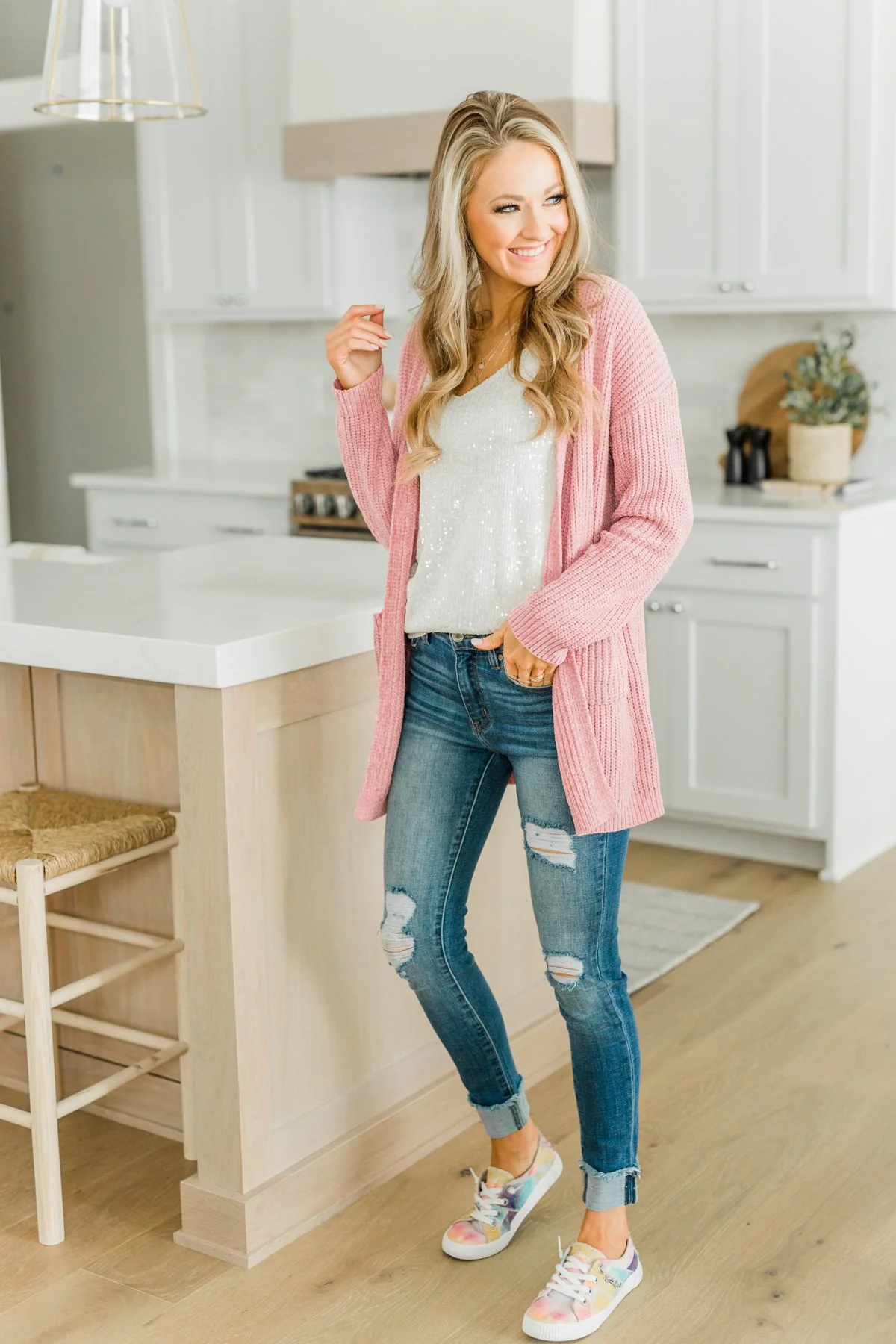Have My Heart Velvet Chenille Cardigan- Pink - Image 4