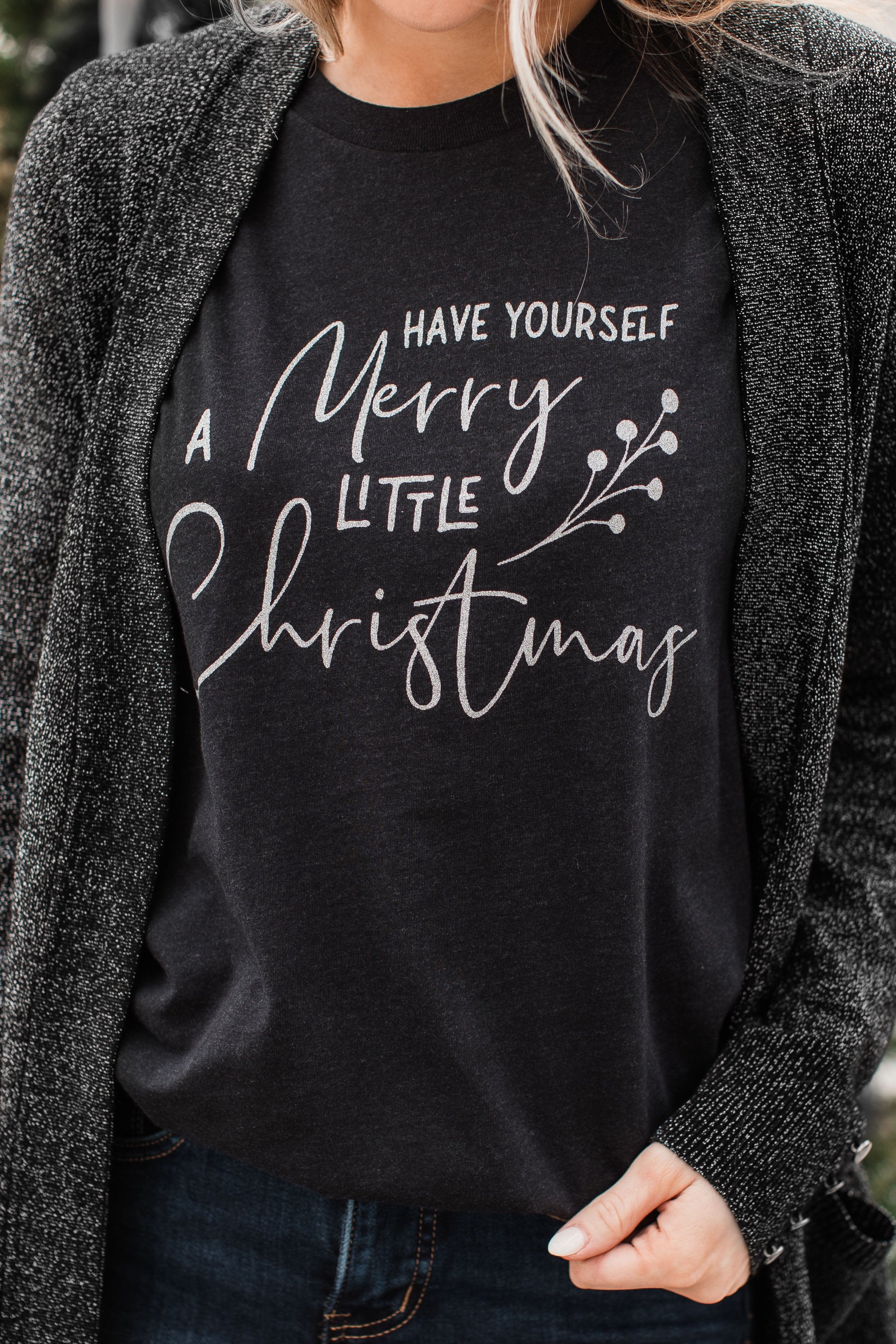 "Have Yourself A Merry Little Christmas" Glitter Graphic Top- Black