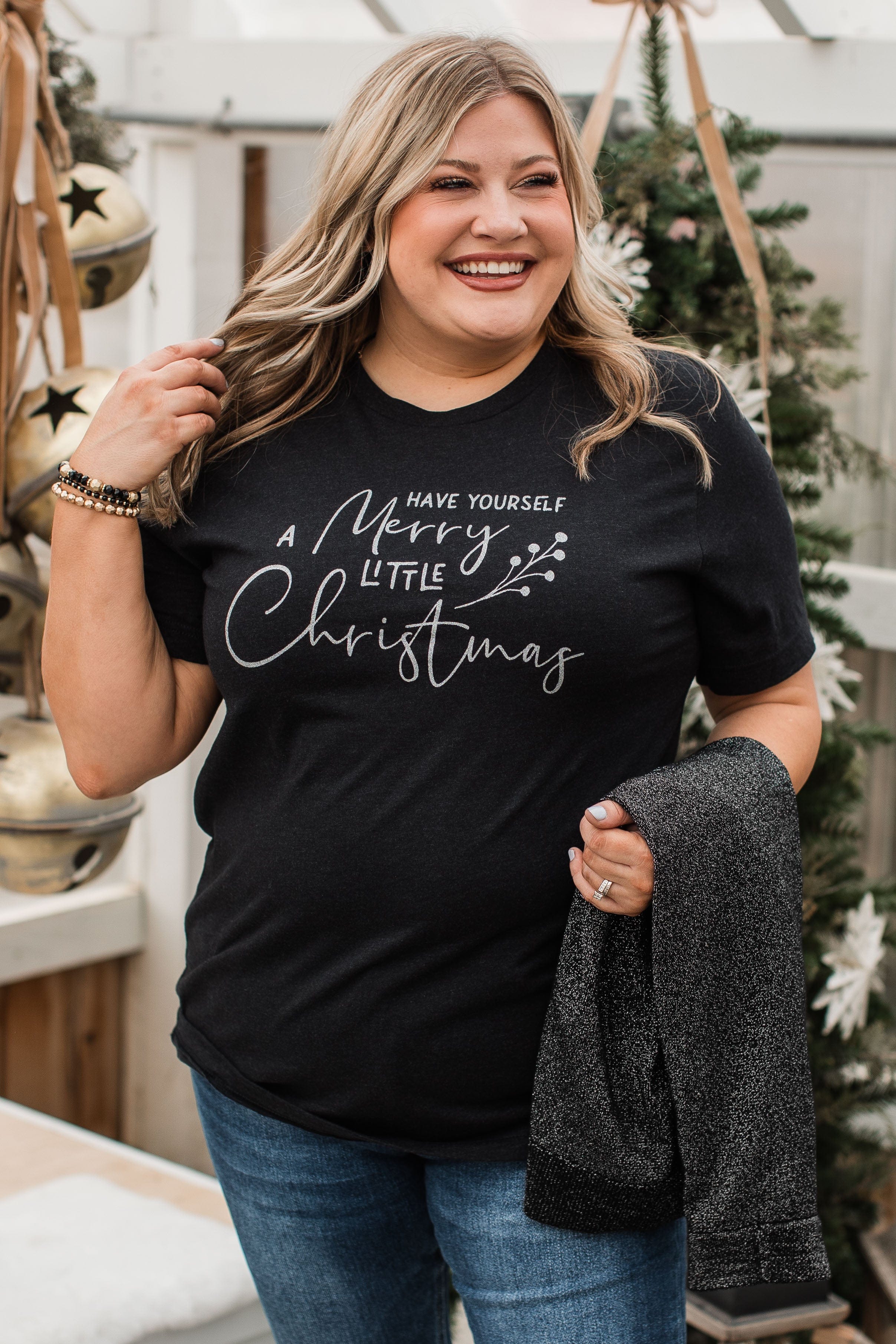 "Have Yourself A Merry Little Christmas" Glitter Graphic Top- Black - Image 2