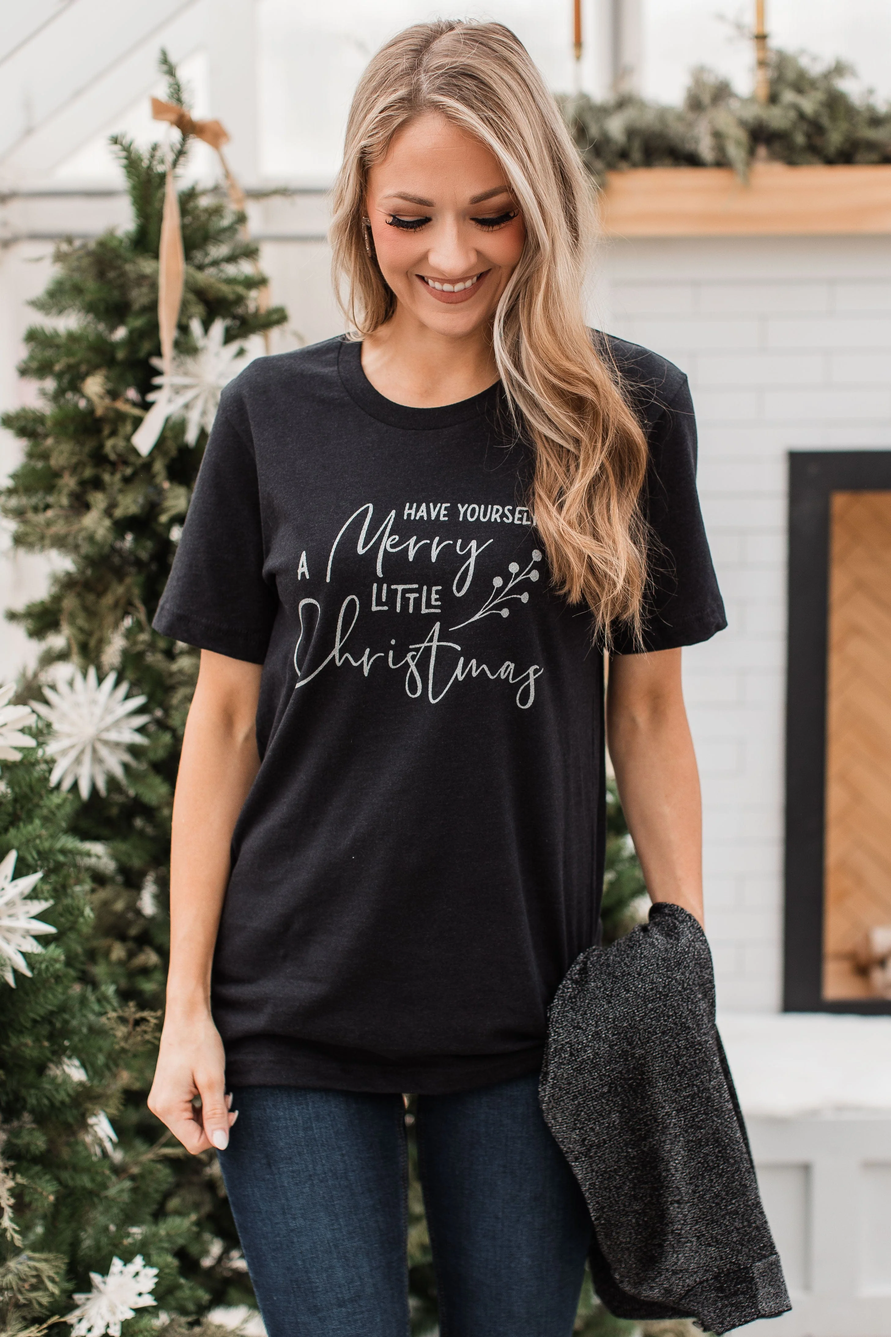 "Have Yourself A Merry Little Christmas" Glitter Graphic Top- Black - Image 3