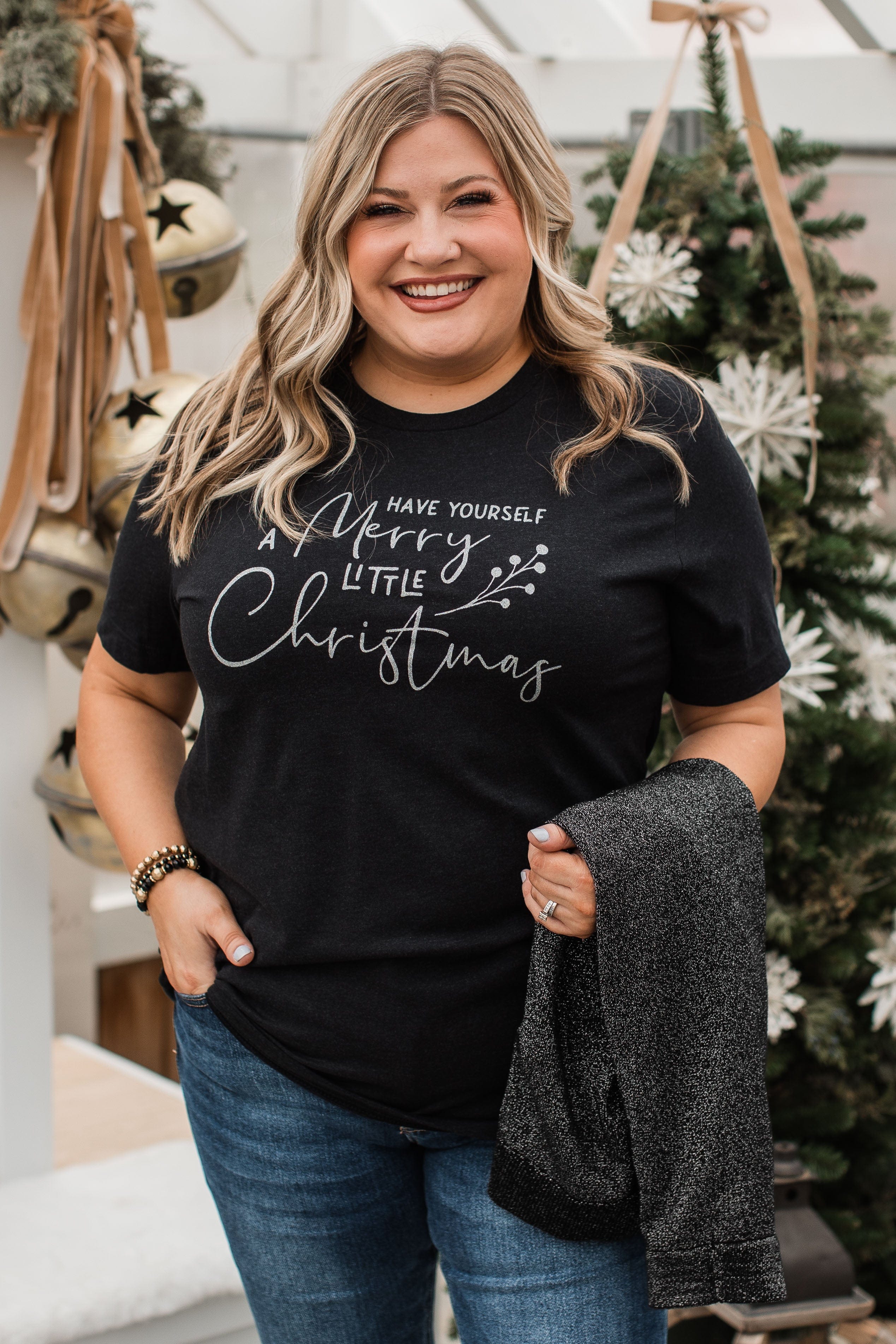 "Have Yourself A Merry Little Christmas" Glitter Graphic Top- Black - Image 4