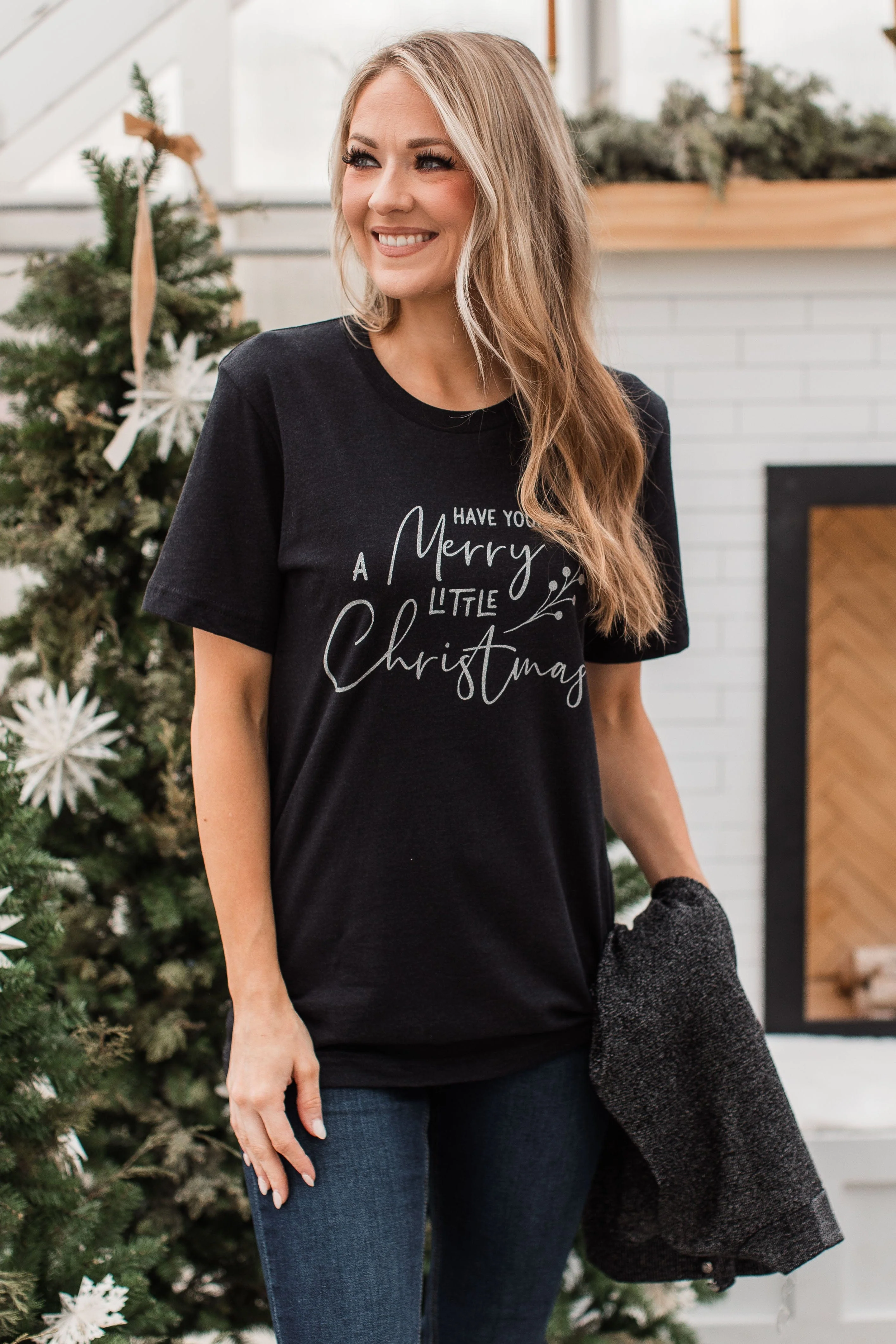 "Have Yourself A Merry Little Christmas" Glitter Graphic Top- Black - Image 5