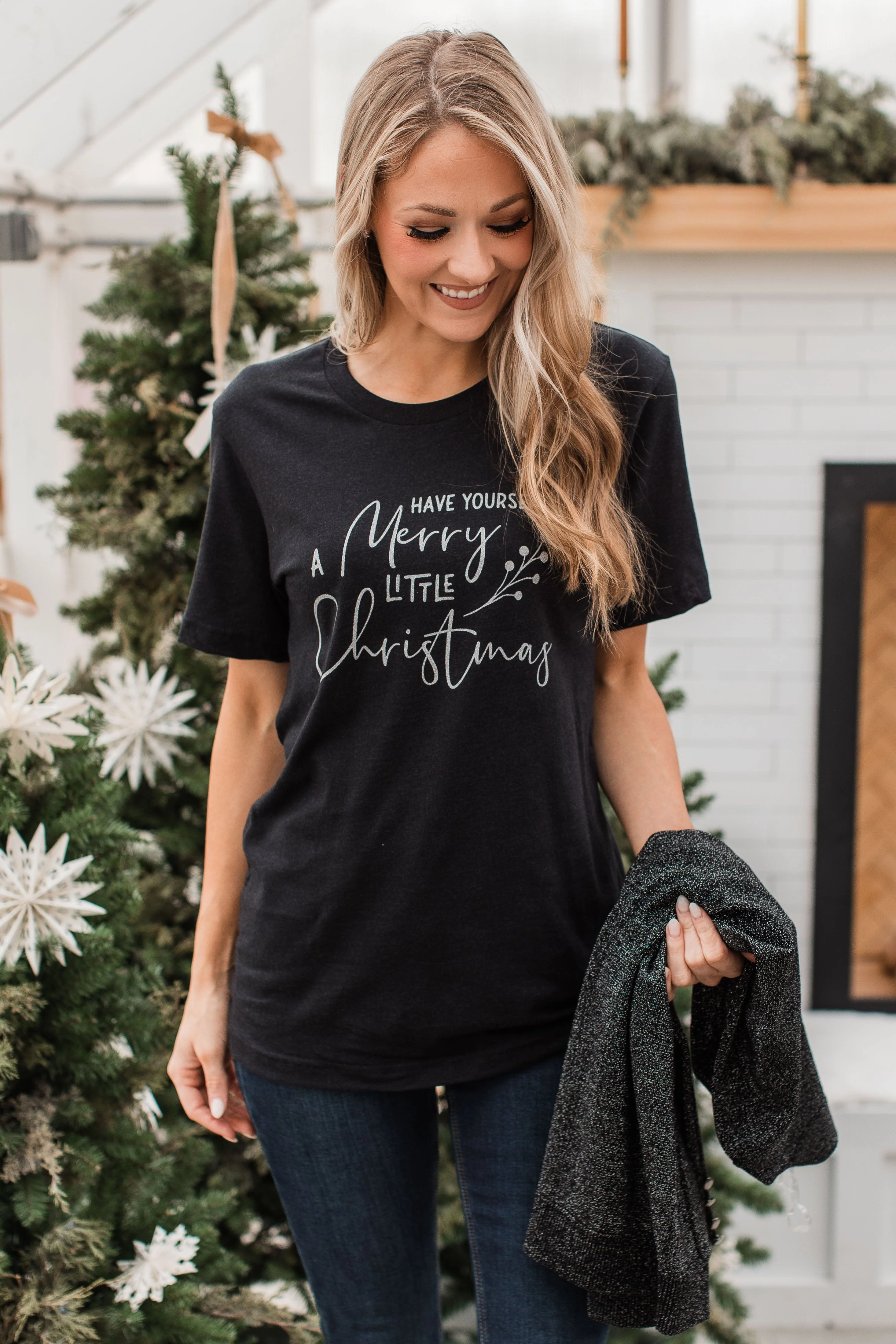 "Have Yourself A Merry Little Christmas" Glitter Graphic Top- Black - Image 6