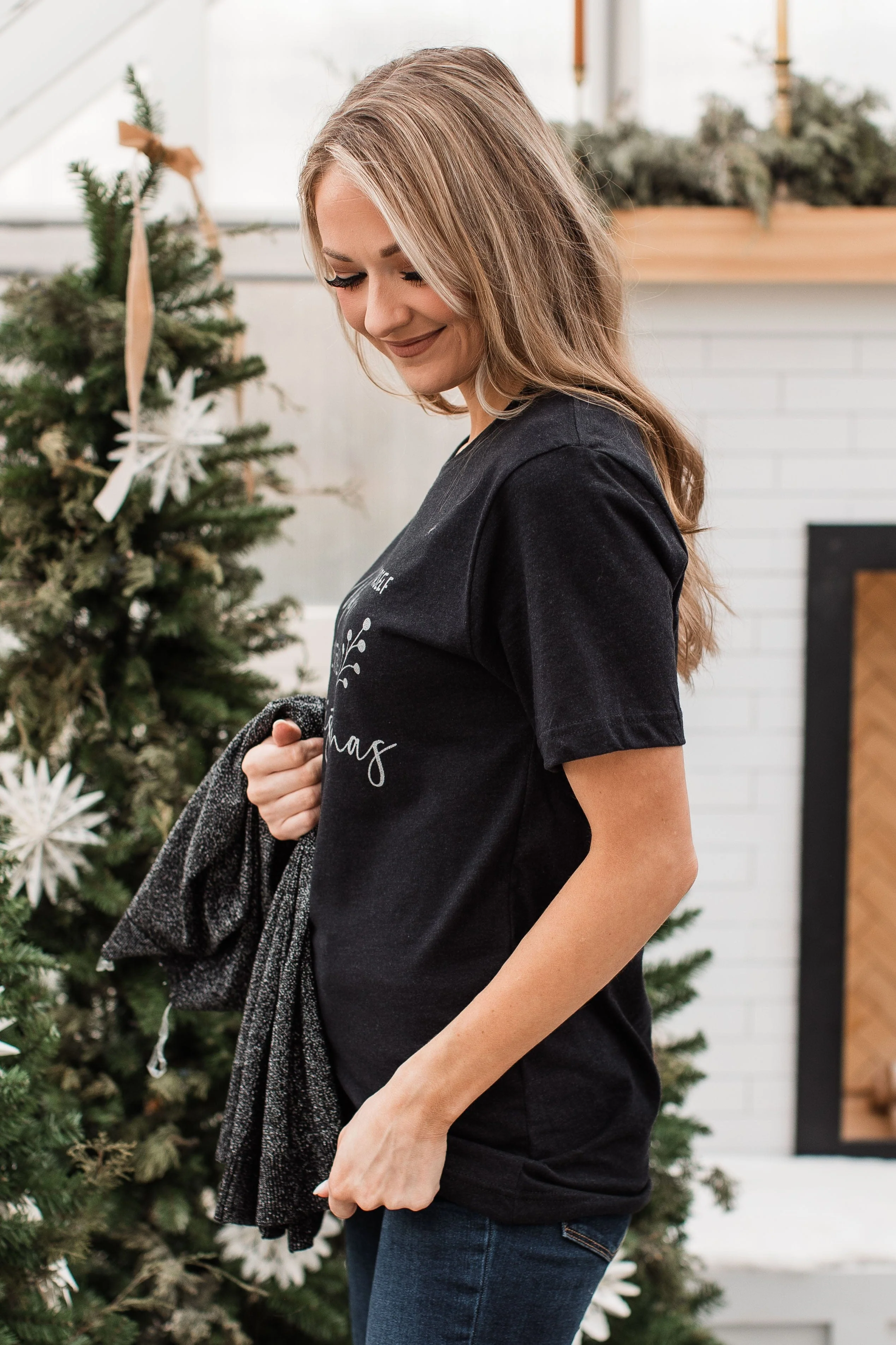 "Have Yourself A Merry Little Christmas" Glitter Graphic Top- Black - Image 7