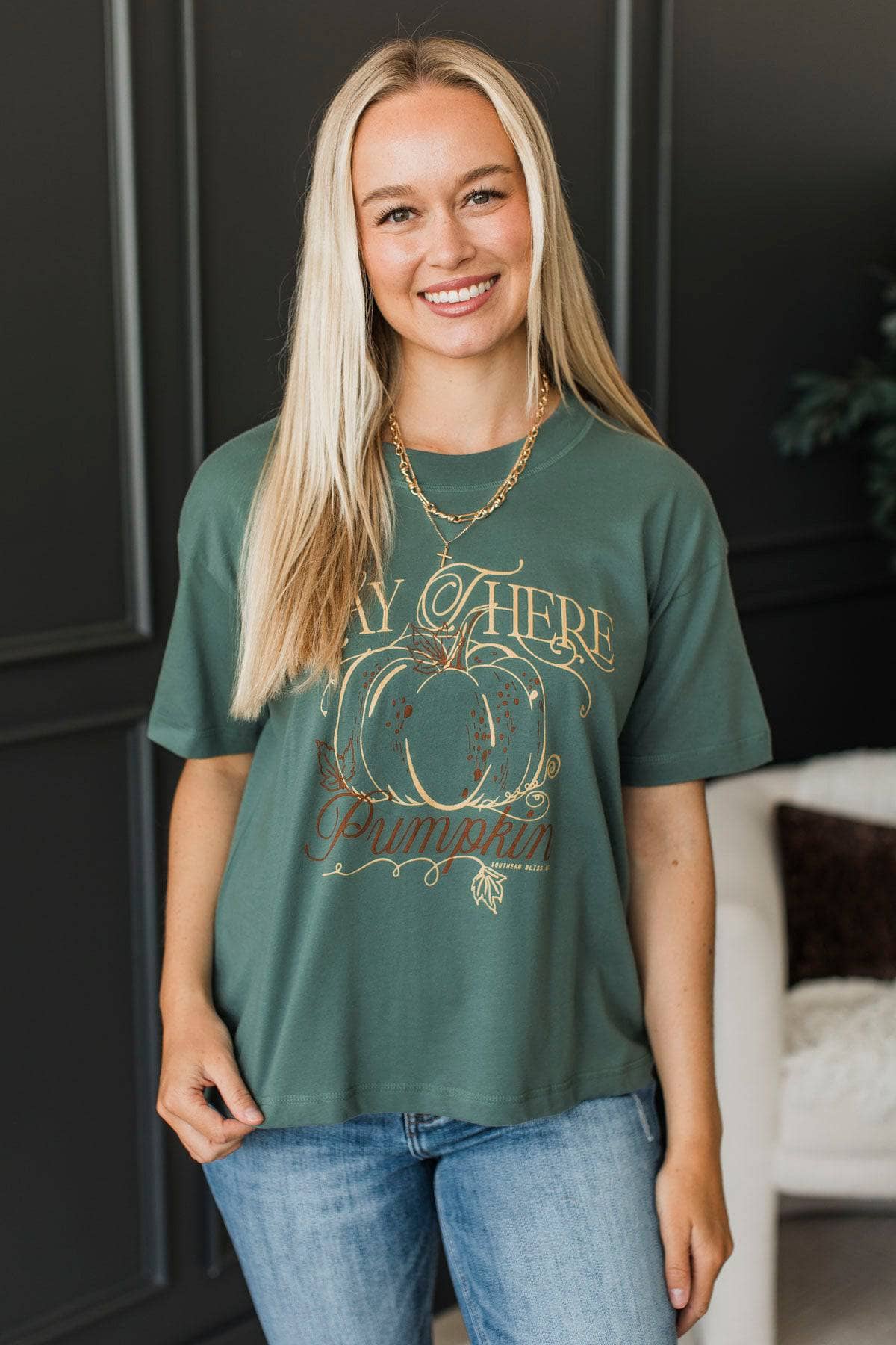 "Hay There Pumpkin" Graphic Tee- Dusty Jade - Image 2