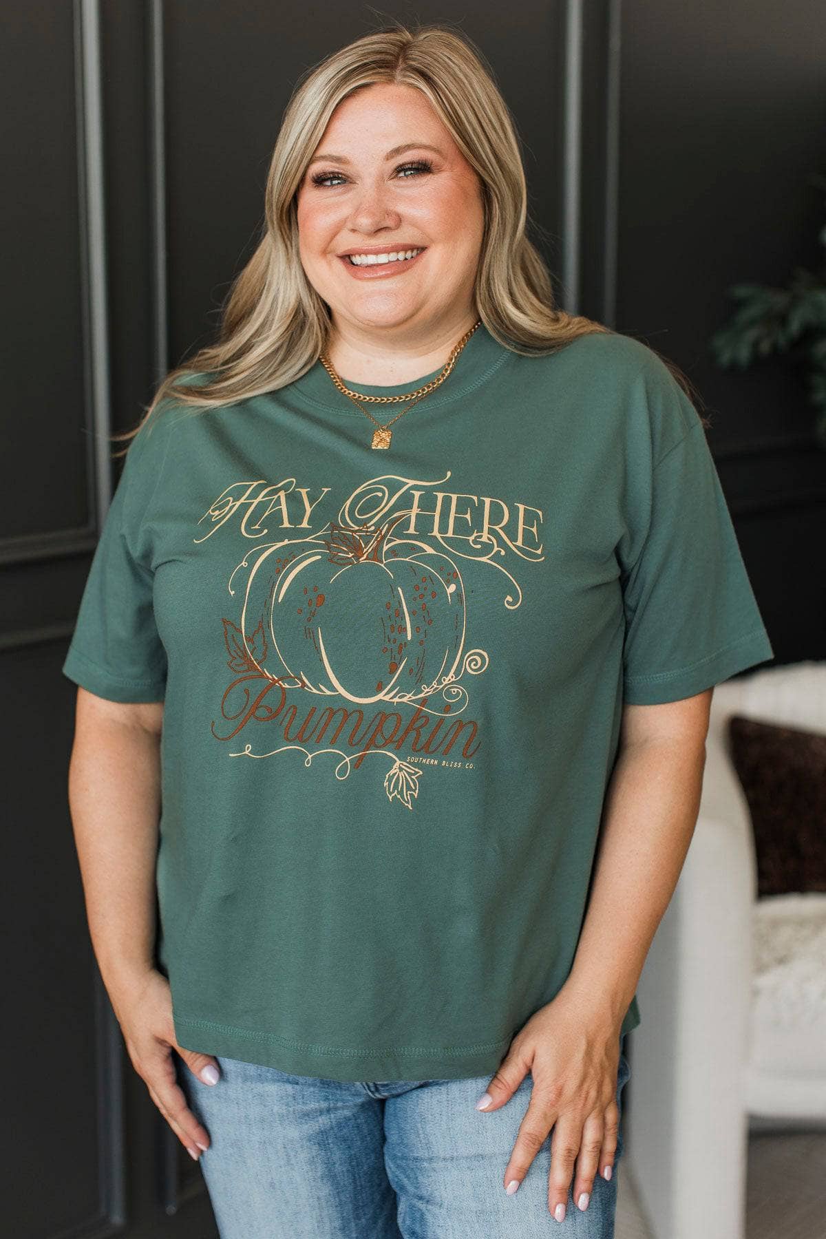 "Hay There Pumpkin" Graphic Tee- Dusty Jade - Image 3