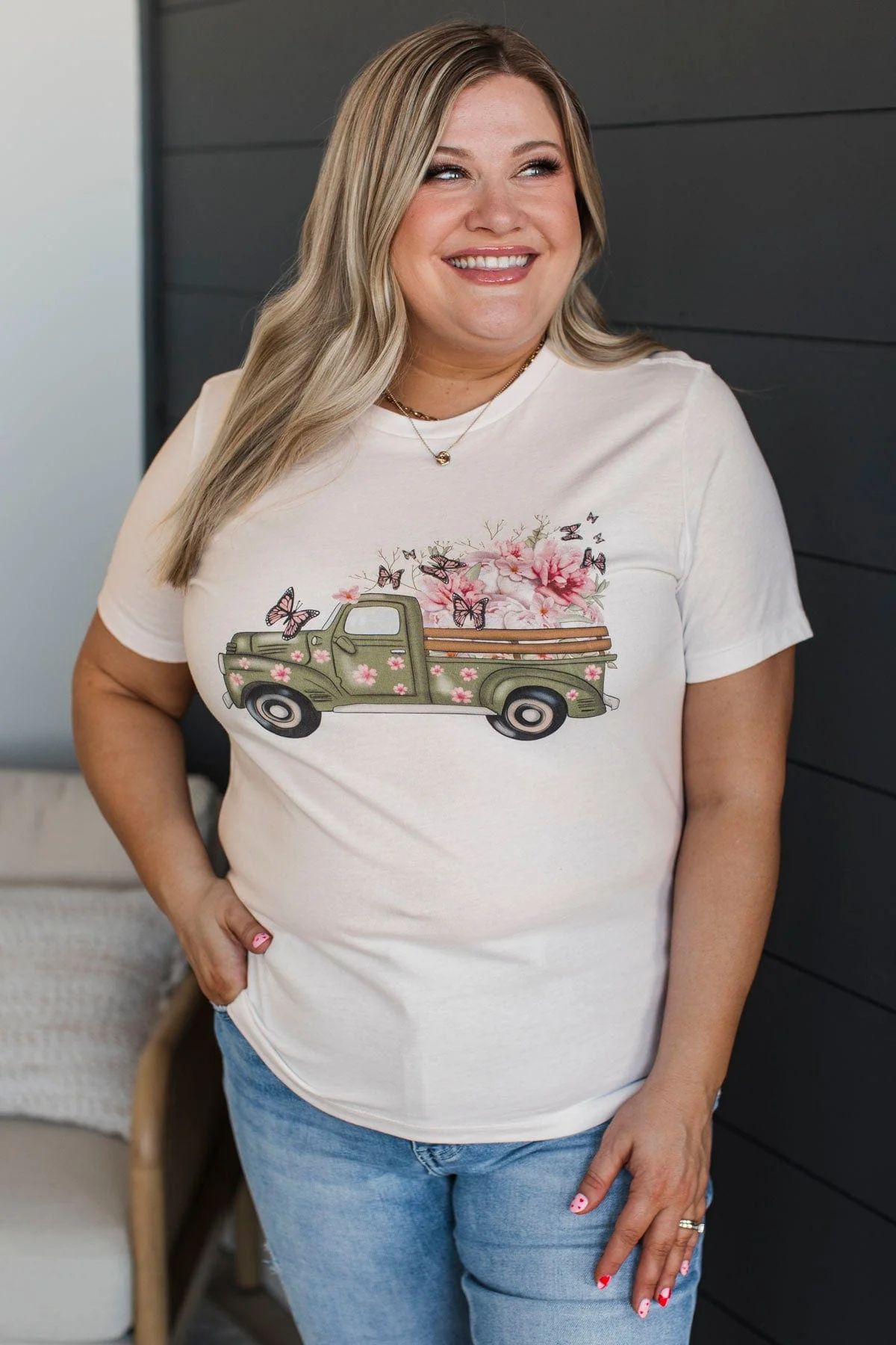 Headed Into Spring Floral Truck Graphic Tee- White