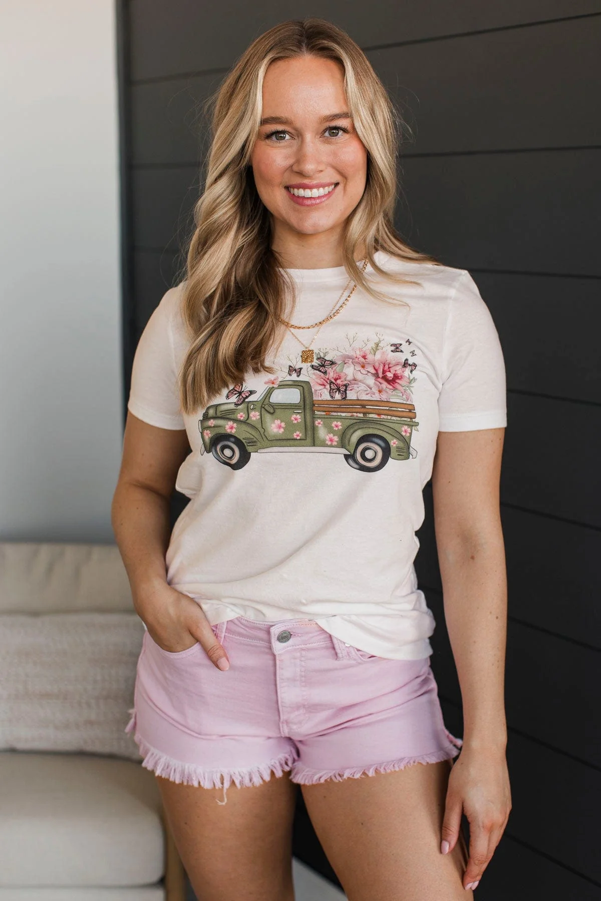 Headed Into Spring Floral Truck Graphic Tee- White - Image 2