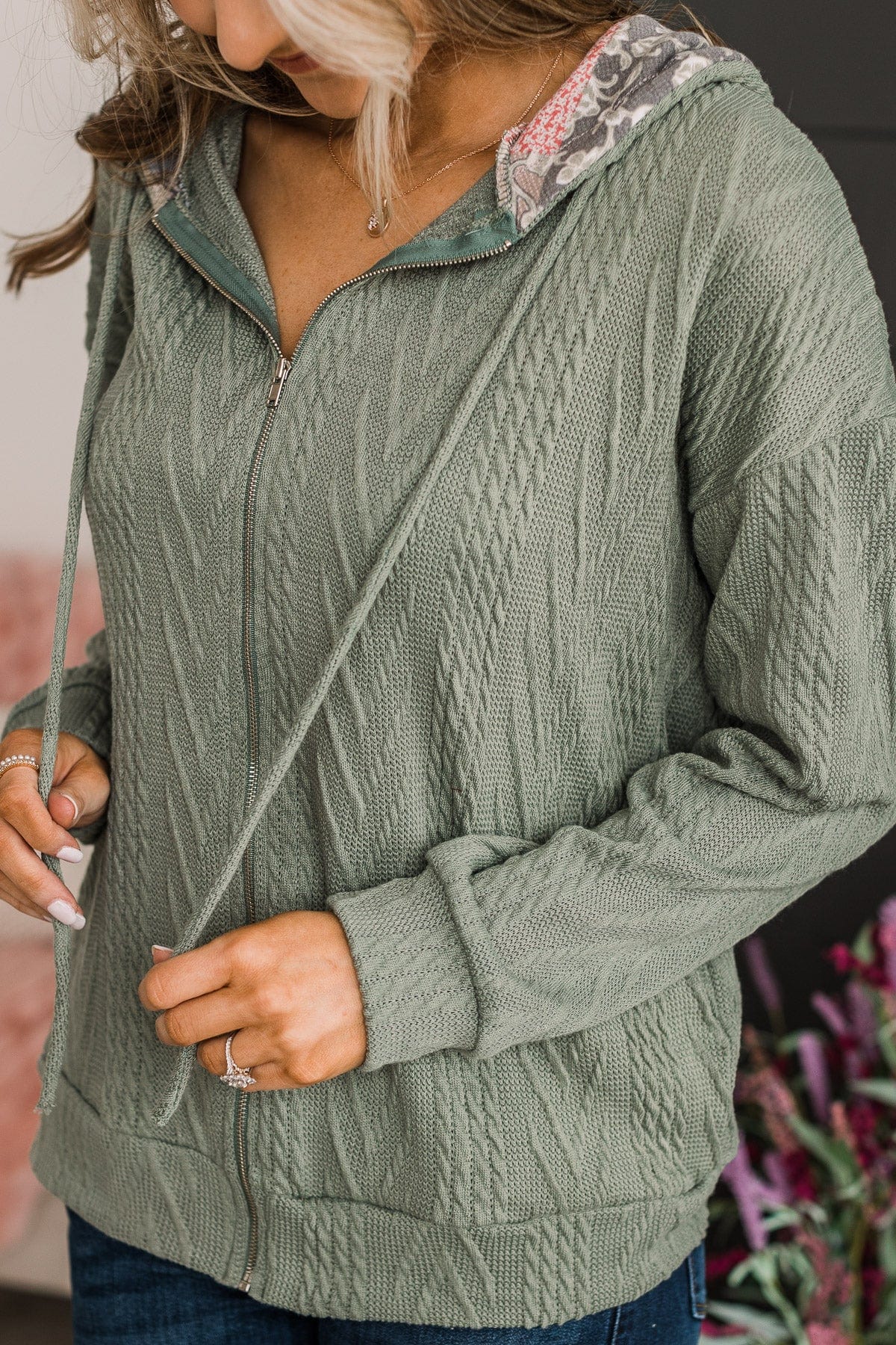 Headed Out Lightweight Knit Hoodie- Dark Sage - Image 3