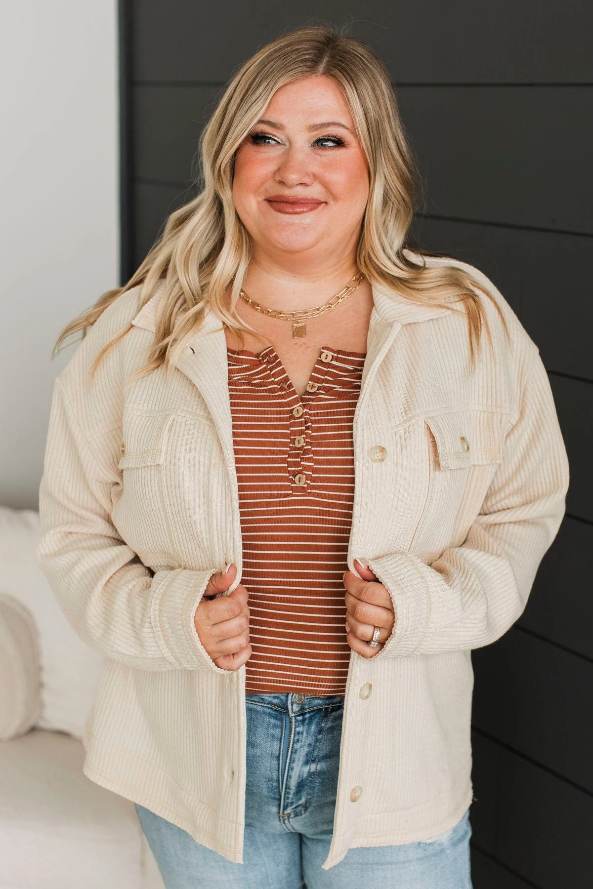 Headed To Town Ribbed Shirt Jacket- Oatmeal