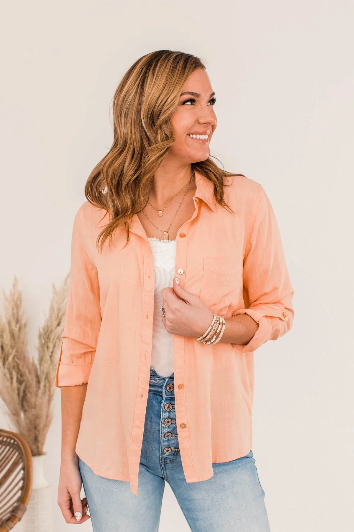 Hearing The Love Button Pocket Top- Cantaloupe - Image 5
