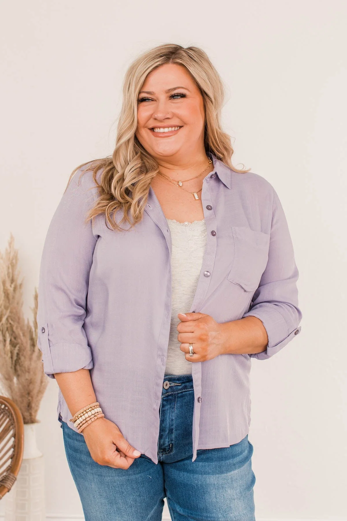 Hearing The Love Button Pocket Top- Lavender - Image 3