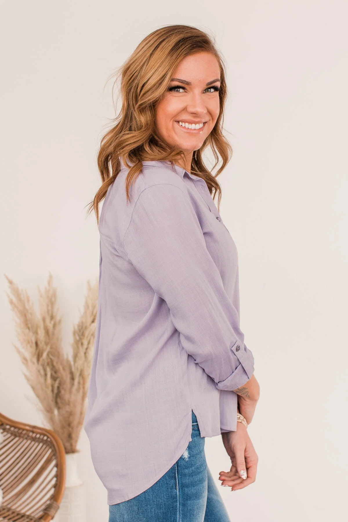 Hearing The Love Button Pocket Top- Lavender - Image 9